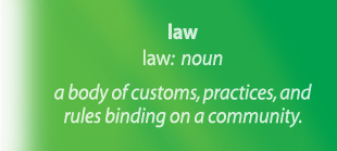 Law - a body of customs, practices, and rules binding on a community.